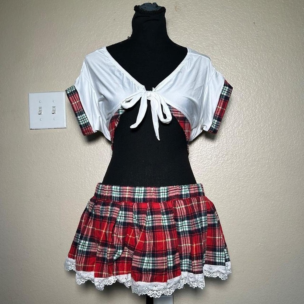 Schoolgirl Costume Red Plaid Skirt Set Lace Trim Y2K Halloween M L